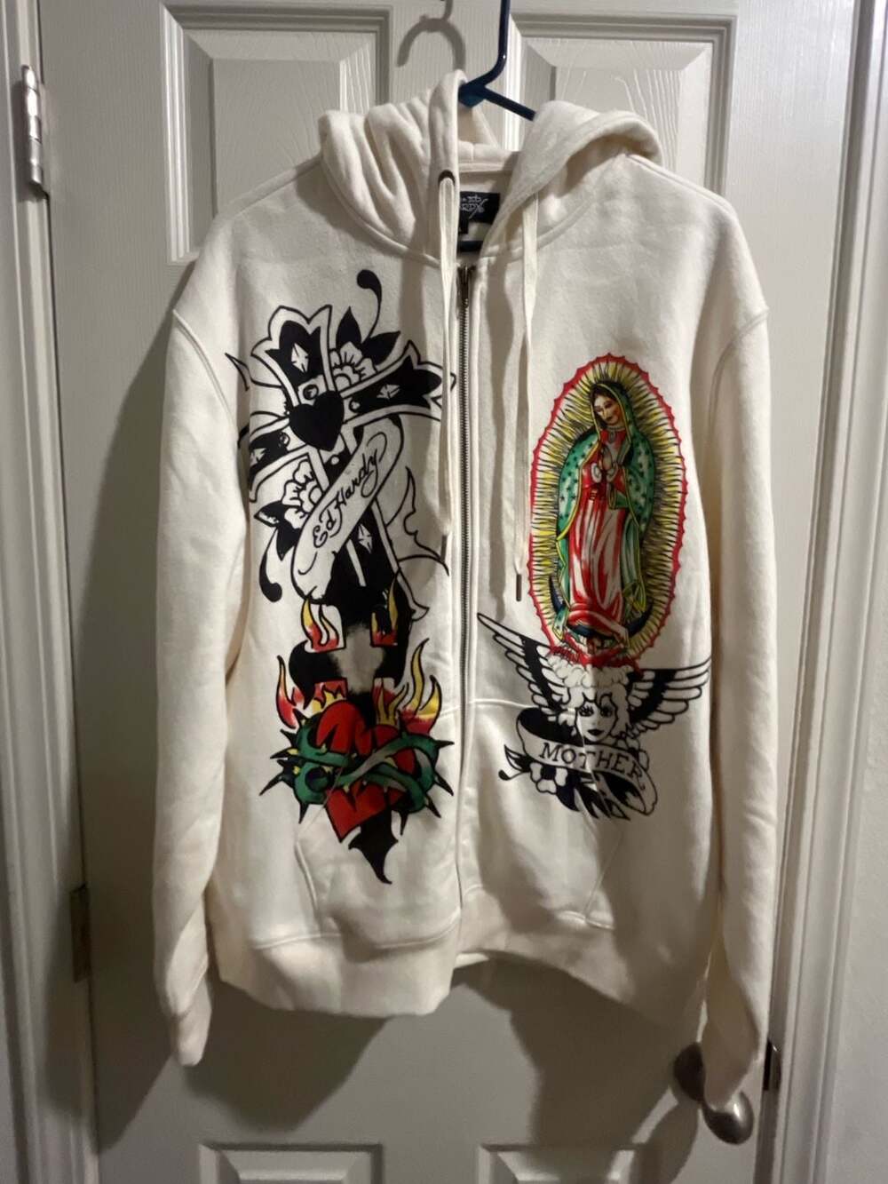 Ed Hardy Mary Boxy Full-Zip Fleece Hoodie in Ivory size large